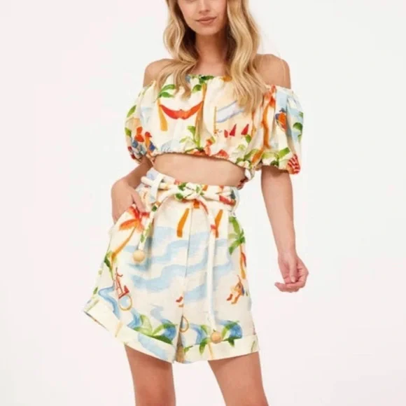 Farm Rio Tropical Linen Crop Top Women's Sz XS Tube Shirt Multi Colored Beach - Picture 1 of 10